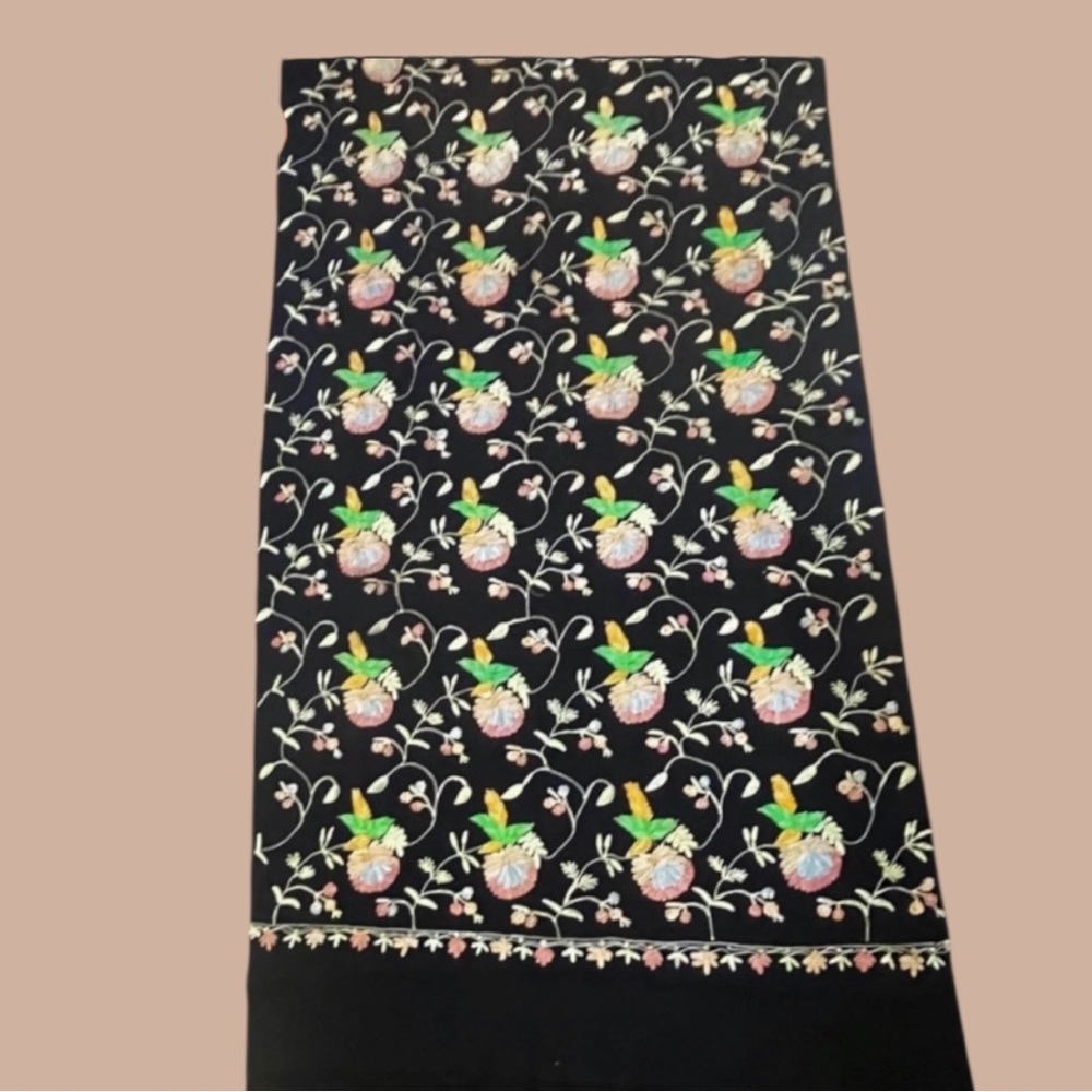 Vintage Kashmir Large Black Wool Wrap Hand Crewel Floral. 6.5’ x 3.07’ C1900